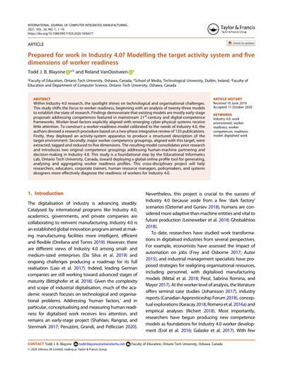 Thumbnail for Prepared for work in Industry 4.0? Modelling the target activity system and five dimensions of worker readiness
