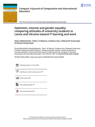 Thumbnail for Optimism, interest and gender equality: comparing attitudes of university students in Latvia and Ukraine toward IT learning and work